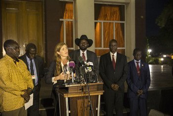 US Ambassador Samantha Power speaks in South Sudan on 4 September 2016, after the UN Security Council delegation draws a consent from the Transitional Government of Nation Unity to deploy a 4,000-strong regional protection force to improve security in and