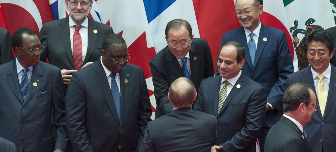 United Nations Secretary-General Ban Ki-moon, center, and world leaders exchange greetings at the G20 Summit in Hangzhou, China, in September 2016.