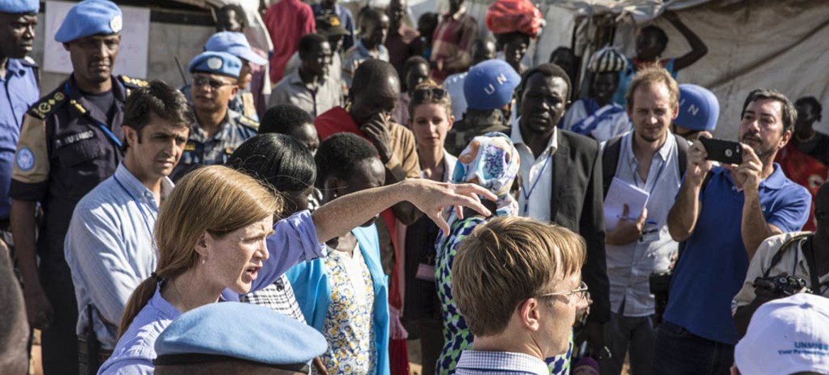 A United Nations Security Council delegation visits a 'protection of civilians' site in South Sudan on 3 September 2016.