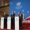 UN delegates from 80 nations gathered at Lancaster House in London for the annual UN Peacekeeping Defence Ministerial. Pictured left to right. UN Under Secretary General Herve Lasdous, Michael Fallon UK Secretary of State for Defence and Atul Khare UN Und