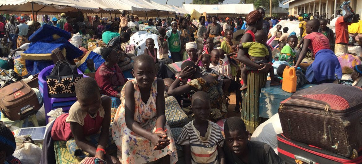 South Sudanese refugees arrive at the Elegu border collection point in Adjumani district, northern Uganda.