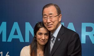 Secretary-General Ban Ki-moon (right) meets with Nadia Murad Basee Taha, a young Iraqi woman of the Yazidi faith, human rights activist and survivor of abduction and torture by the terrorist group Islamic State, on the margins of the World Humanitarian Summit in Istanbul. 24 May 2016.