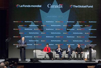 Secretary-General Ban Ki-moon (left) addresses the opening of the Fifth Replenishment Conference of the Global Fund to Fight Aids, Tuberculosis and Malaria, in Montreal, Canada.