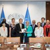 Secretary-General Ban Ki-moon (centre left) meets with Irina Bokova (centre right), Director-General of the UN Educational, Scientific and Cultural Organization (UNESCO); and members of his Scientific Advisory Board, to receive the final report of the Boa