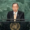 Ban Ki-moon en el podio de la Asamblea General. Foto de archivo: ONU/Cia Pak