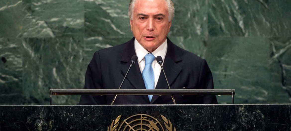 Le Président du Brésil, Michel Temer, s'exprimant au débat général de la 71ème session de l'Assemblée générale des Nations Unies. Photo ONU/Cia Pak