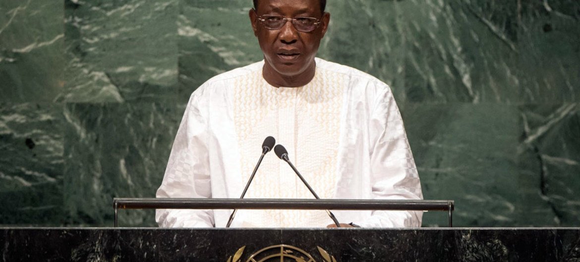 Le Président du Tchad, Idriss Déby Itno, devant l'Assemblée générale. Photo ONU/Cia Pak