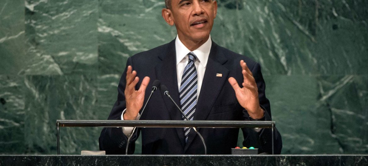 Президент США Барак Обама выступает на 71-й сессии Генеральной Ассамблеи. Фото ООН/Киа Пак