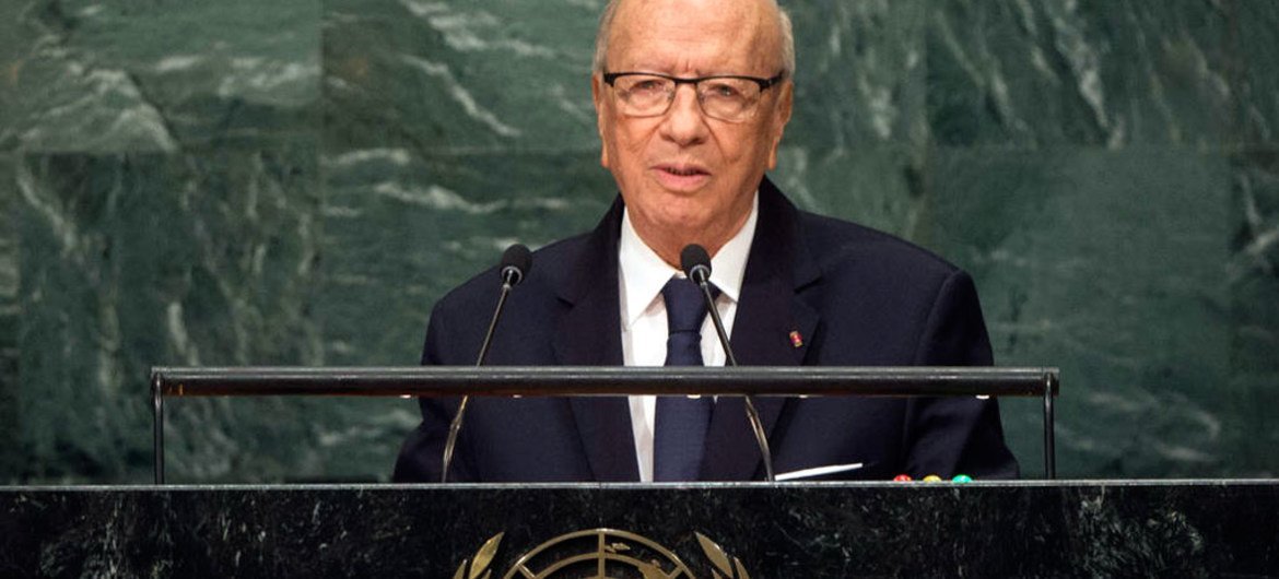 Le Président tunisien, Béji Caïd Essebsi, devant l'Assemblée générale des Nations Unies. Photo ONU/Manuel Elias