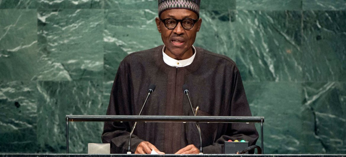 Le Président du Nigéria, Muhammadu Buhari, devant l'Assemblée générale des Nations Unies. Photo ONU/Cia Pak