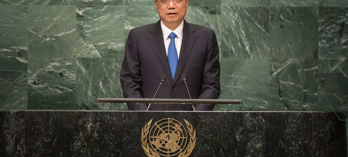 中国总理李克强在联大一般性辩论中发言。联合国图片/Cia Pak