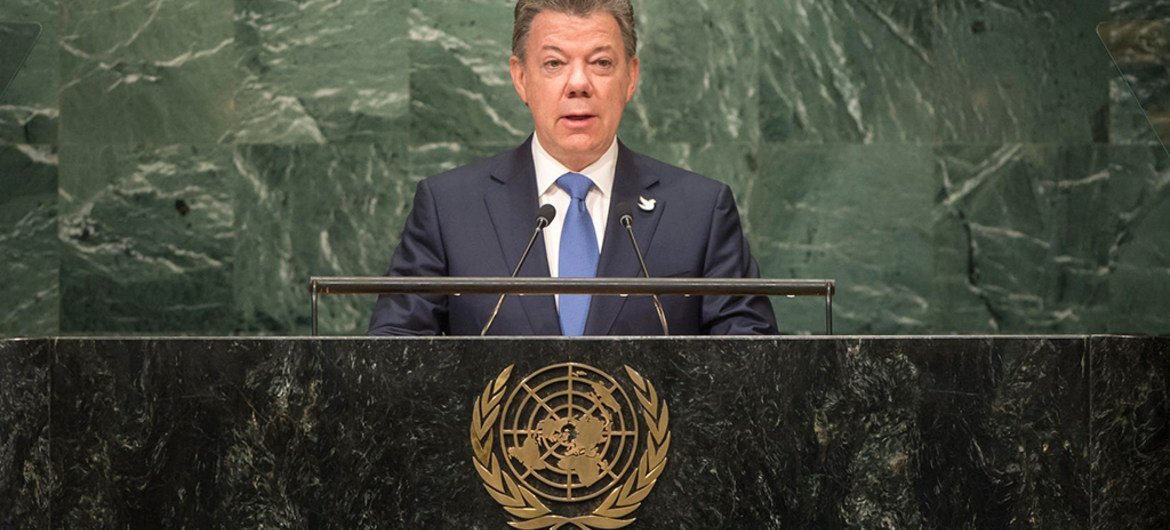 Le Président de la Colombie, Juan Manuel Santos Calderon, devant l'Assemblée générale des Nations Unies. Photo ONU/Cia Pak