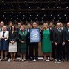Secretary-General Ban Ki-moon (center) in a group photo with participants at the high-level side event of the lesbian, gay, bisexual and transgender (LGBT) Core Group "Path2Equality: Global leaders discuss progress towards LGBT Equality".