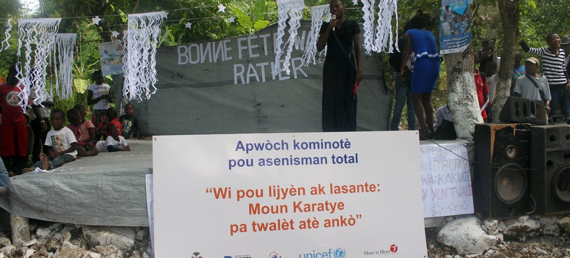 A community in Haiti's south-east holds a UN-backed open defecation free (ODF) awareness event.