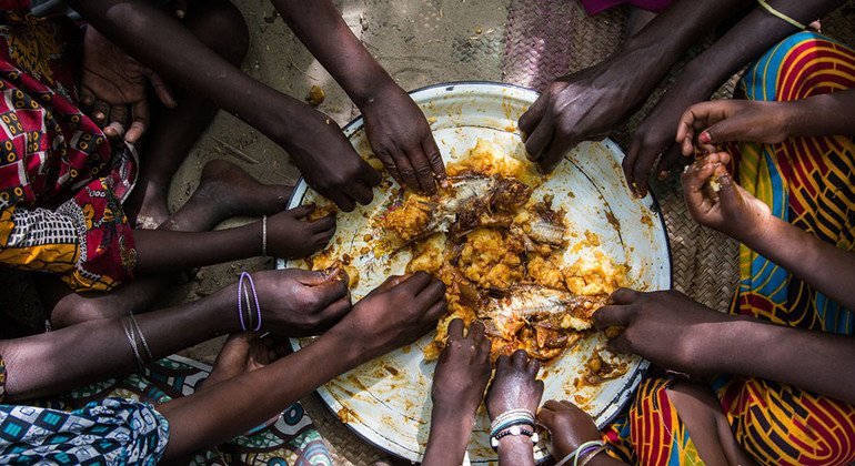 乍得的一个村庄里，孩子们用手来吃烹制的午餐：米饭和鱼。 