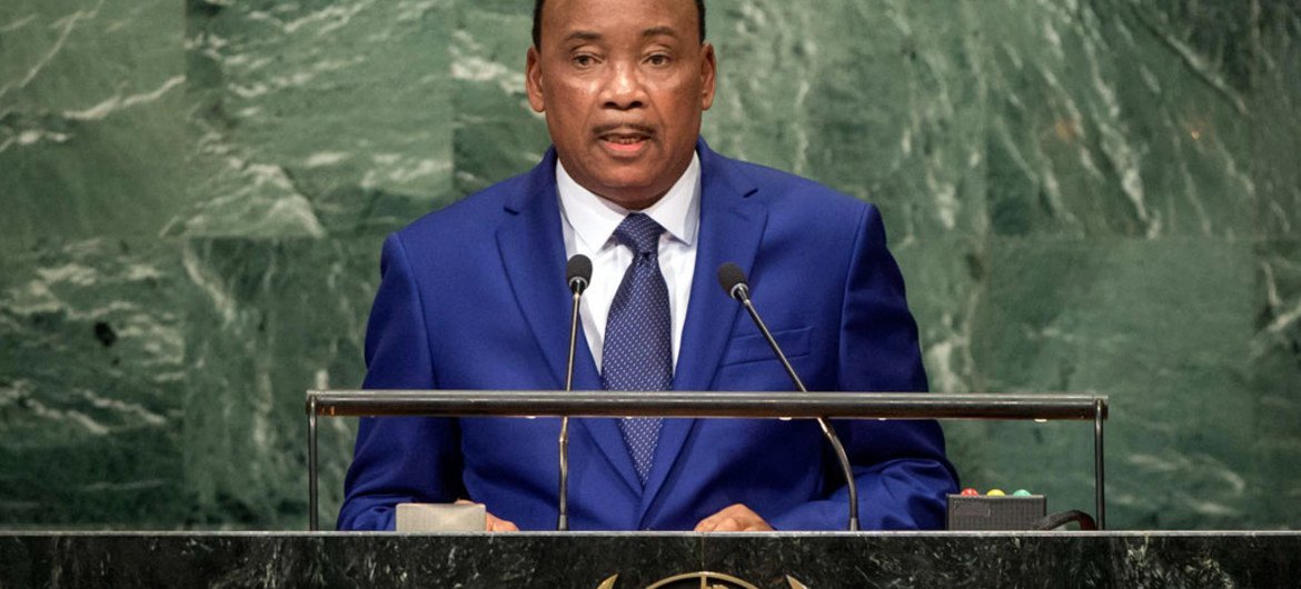 Le Président du Niger, Mahamadou Issoufou, devant l'Assemblée générale des Nations Unies. Photo ONU/Cia Pak
