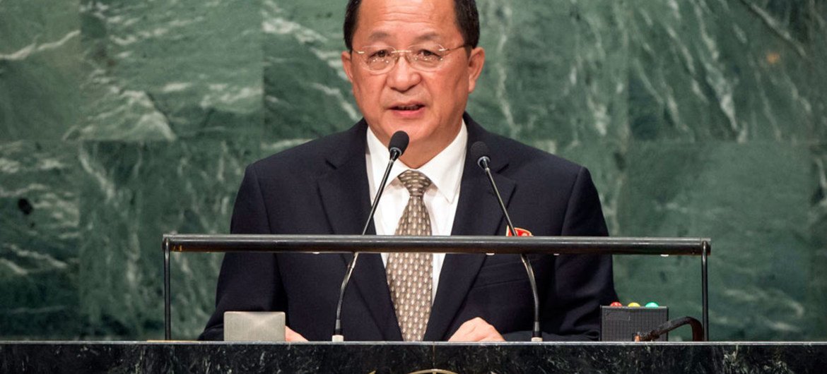 朝鲜外务相李勇浩在9月23日的联大一般性辩论中发言。联合国图片/Cia Pak