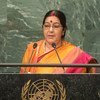 La Ministre des affaires extérieures de l'Inde, Sushma Swaraj, devant l'Assemblée générale des Nations Unies. Photo ONU/Cia Pak