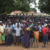 Thousands of internally displaced people gather at Emmanuel Church Compound in Yei, South Sudan.