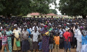 Thousands of internally displaced people gather at Emmanuel Church Compound in Yei, South Sudan.