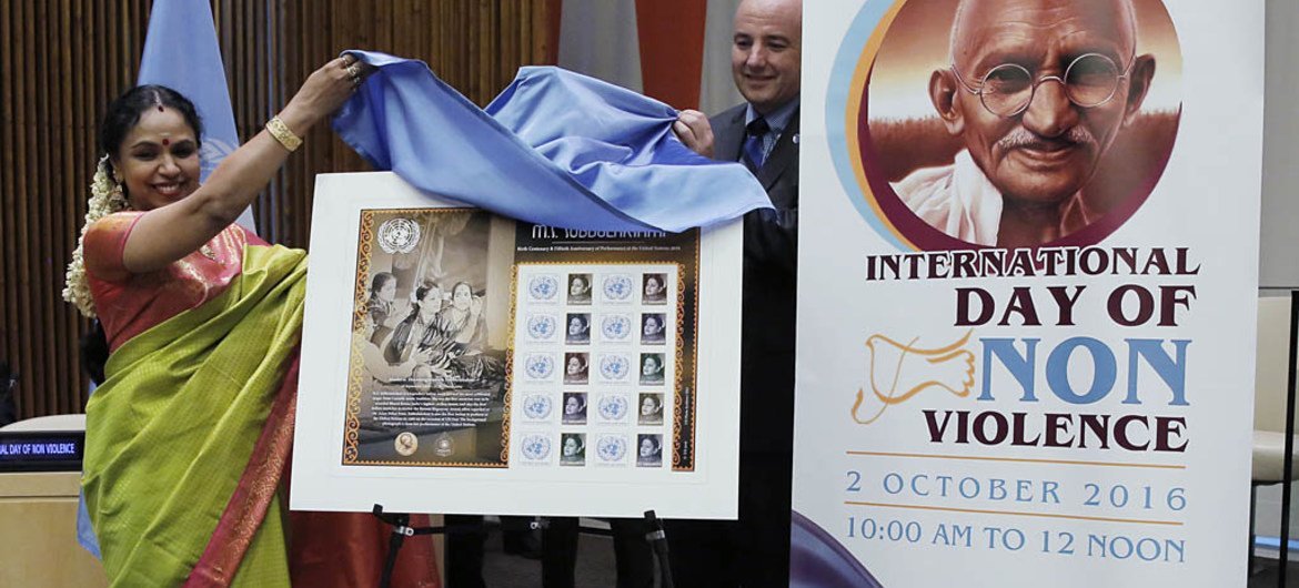 UN Postal Administration unveils the commemorative stamp of M.S. Subbulakshmi, Indian music legend on the 50th anniversary of her performance at the UN in 1966, during an event on the International Day of Non-Violence at the UN Headquarters on 2 October 2016.  The first copy is presented to musician Sudha Raghunathan (left).