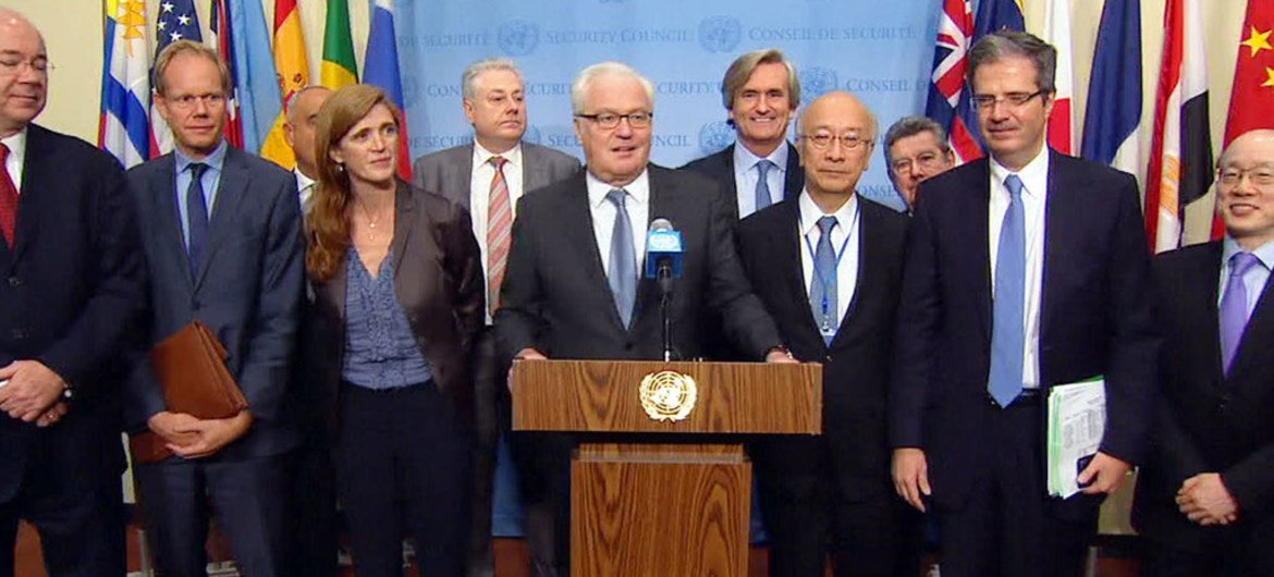 أعضاء مجلس الأمن الدولي يتحدثون الى وسائل الاعلام حول عملية اختيار الأمين العام القادم للأمم المتحدة. مصدر:  تلفزيون الأمم المتحدة
