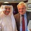 Under-Secretary-General for Humanitarian Affairs and Emergency Relief Coordinator Stephen O’Brien (right), meets with Abdul Latif Al Zayani, the Secretary General of the Gulf Cooperation Council, in Riyadh, the capital of Saudi Arabia.