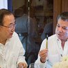 Juan Manuel Santos Calderón (right), President of Colombia, gives Secretary-General Ban Ki-moon, a pen similar to the ones used to sign the Colombian Peace Agreement. The pens are made from recycled bullets and have inscriptions that read: "Bullets wrote our past. Education, our future."