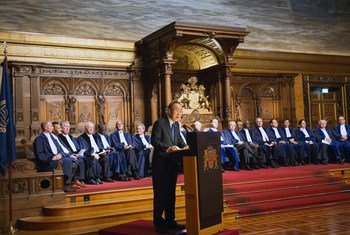 Secretary-General Ban Ki-moon speaks at the International Tribunal for the Law of the Sea's 20th Commemorative ceremony which took place in the Great Banquet Hall in Hamburg's City Hall.