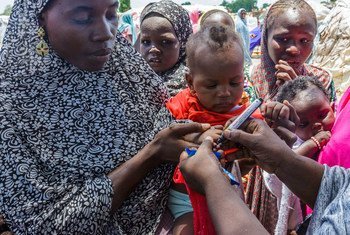 Un travailleur de la santé de l'UNICEF utilise un stylo pour marquer le pouce d'Ajeda Mallam, 6 mois, qui vient d'être vaccinée contre la poliomyélite dans un camp de déplacés près de Maiduguri, au nord-est du Nigéria.