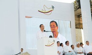 Secretary-General Ban Ki-moon speaks during the signing ceremony of the peace agreement between the Government of Colombia and the Revolutionary Armed Forces of Colombia – People’s Army (FARC-EP), in Cartagena.