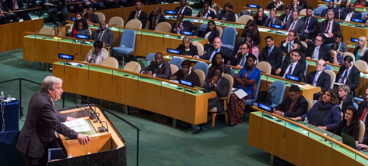الأمين العام المقبل للأمم المتحدة، أنطونيو غوتيريش، يتحدث أمام الجمعية العامة. المصدر: الأمم المتحدة / أماندا فويسارد