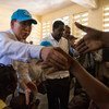 Secretary General Ban Ki Moon greets people at a shelter during his visit to Haiti’s western city of Les Cayes, which was heavily damaged by Hurricane Matthew. Photo Logan Abassi UN/MINUSTAH