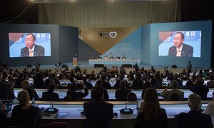Secretary-General Ban Ki-moon addresses the opening of the Second World Assembly of Local and Regional Governments, ahead of the UN Conference on Housing Sustainable Urban Development in Quito, Ecuador.