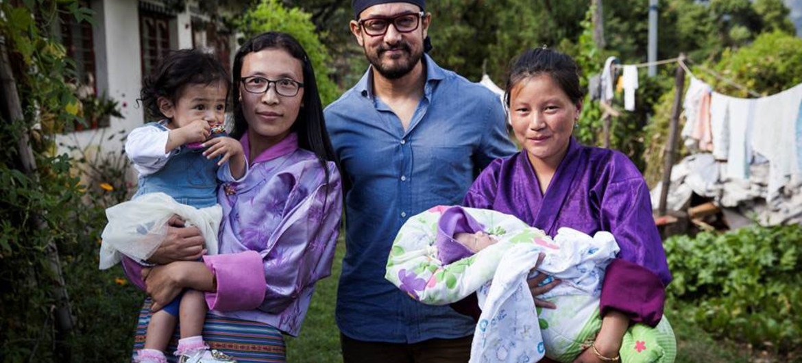 UNICEF Regional Goodwill Ambassador and film actor and director Aamir Khan (centre) in Bhutan to help advocate against malnutrition.
