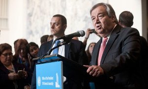 António Guterres, Secretary-General-designate, speaks to journalists at the General Assembly stakeout following his appointment by acclamation to serve as the next Secretary-General of the United Nations.