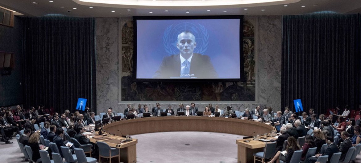 On large screen: Special Coordinator for the Middle East Peace Process Nickolay Mladenov briefs the Security Council on the situation in the Middle East, including the Palestinian Question.