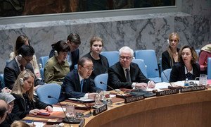 Secretary-General Ban Ki-moon (centre left) addresses the Security Council during the open debate on Women, Peace and Security.