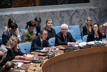Secretary-General Ban Ki-moon (centre left) addresses the Security Council during the open debate on Women, Peace and Security.
