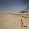 فتاة عراقية من النازحين داخليل تقف في الخلاء على مشارف مخيم بالقرب من الموصل.