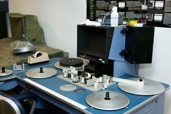 A film editing machine at the UN Department of Public Information (DPI) film and video archives, Audiovisual Services Section.