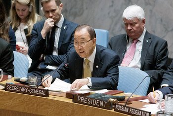 潘基文秘书长在安理会发表讲话。联合国图片/Evan Schneider