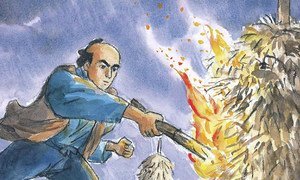 A drawing of Goryo Hamaguchi, a village leader in Hirogawa, Wakayama Prefecture, who set fire to piled sheaves of his newly harvested rice in order to warn people against tsunami on 5 November 1854.