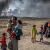 أسرة نازحة بسبب القتال في قرية الشورى، 25 كم جنوب الموصل، العراق، تتجه نحو نقطة تفتيش للجيش على مشارف القيارة. المصدر: مفوضية الأمم المتحدة للاجئين / ايفور بريكيت