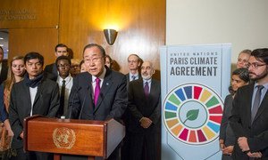 Secretary-General Ban Ki-moon speaks to journalists on the entry into force of the Paris Agreement on climate change. 
