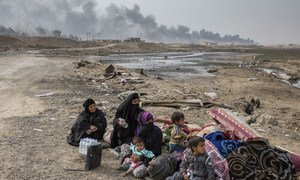 A family displaced by fighting in the village of Shora, 25 kilometres south of Mosul, wait by the roadside at an army checkpoint on the outskirts of Qayyarah.