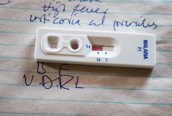 A malaria testing kit on which solid red indicates a negative test result. Malaria is one of the most common causes of death for children under five in South Sudan.