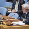 Le secrétaire général de ONU , António Guterres, s'exprime sur un podium lors d'une réunion du Conseil de sécurité de ONU à New York.
