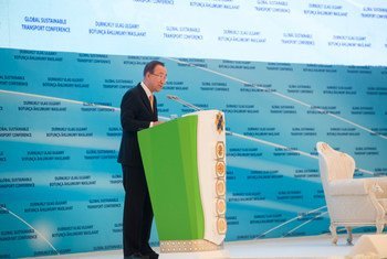 Secretary-General Ban Ki-moon addresses the opening of the United Nations Global Sustainable Transport Conference, held in Ashgabat, Turkmenistan.