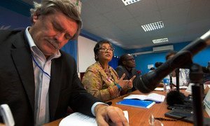 L-R: Members of the UN Commission on Human Rights in South Sudan – Kenneth Scott, chairperson Yasmin Sooka and Godfrey Musila – brief the press at the end of a ten-day visit.